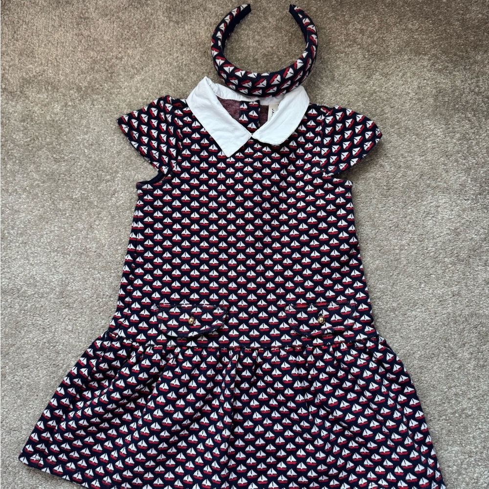 Janie and Jack navy sailboat Patterned Dress with Headband